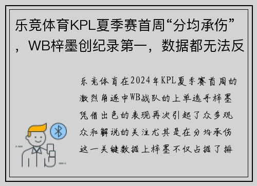 乐竞体育KPL夏季赛首周“分均承伤”，WB梓墨创纪录第一，数据都无法反驳的强者